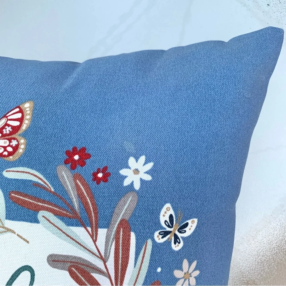 Hampton Bay Blue Floral & Butterfly Hello Indoor Outdoor Throw Pillow 16